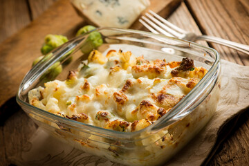 oven brussel sprout and cauliflower with gorgonzola cheese