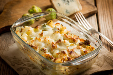 oven brussel sprout and cauliflower with gorgonzola cheese