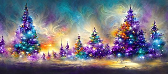 Fototapeta na wymiar Christmas themed landscape, brilliant colors, beautiful lights, illustrative, greeting card design 