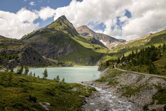 The beautiful view of Margaritzenstausee - Stausee Margaritze. High Tauern National Park, Carinthia, Austria. Freiwandkopf in the background. Close by Grossglockner and Kaiser Franz Josefs Hohe, HD 4k