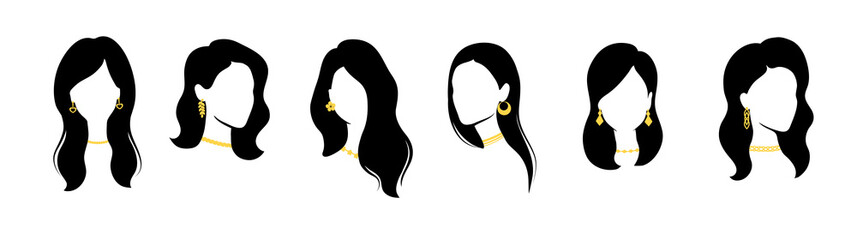 Woman with jewelry. Set of female silhouette. Vector illustration.