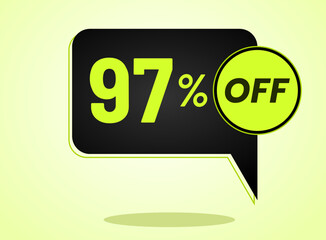 97% off limited special offer. Banner with 97 percent off in black and yellow green neon circular balloon.