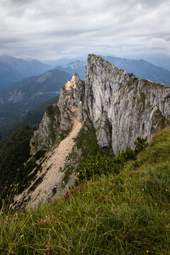 The beautiful portrait view of Schafberg,1783 m, during cloudy day, mountain in the Austrian state of Salzburg. Spinnerin summit. Austria, Europe.