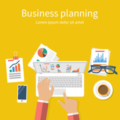 Business planning concept. Businessman at table with laptop, charts, graphs, analyzing project, strategy, research, development, financial management, marketing research, statistic, solution. Vector