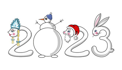 Happy new year 2023 template. The numbers are drawn with images of the Snow Maiden, Snowman, Santa Claus and a bunny. Design for banner, greeting card, brochure or print. Vector illustration. 