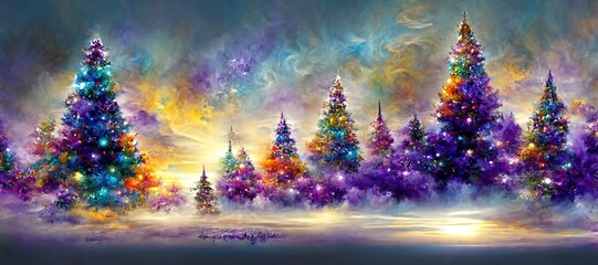 Fototapeta na wymiar Christmas themed landscape, brilliant colors, northern lights, holidays greeting card design 