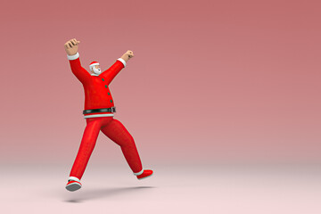 Fototapeta na wymiar A man wearing Santa Claus costume is jumping. 3d rendering of cartoon character in acting.