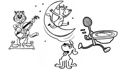 Cat with a fiddle, cow jumped over the Moon, little dog laughed, dish ran away with the spoon. Black and white cartoon drawing.