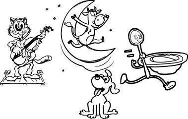 Cat with a fiddle, cow jumped over the Moon, little dog laughed, dish ran away with the spoon. Black and white cartoon drawing.