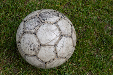 Soccer ball on green grass of football field with copy space