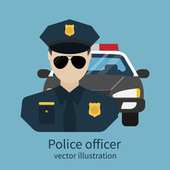Police officer avatar. Vector illustration, flat design. Police officer with car on background. Cop, policeman, sheriff, enforcement. Symbol of security, law and order.