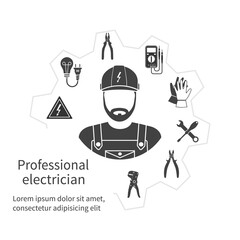 Concept of profession electrician. Repair and maintenance of electricity. Electricity service. Electricians tools, equipment. Banner, template, logo, background. Vector. Electrician occupation.
