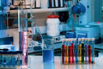 equipment in the lab chemistry researcher workplace. Chemical laboratory work table with cylinders...