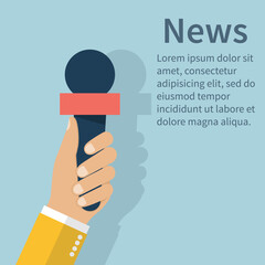 Journalist holding microphone. Journalism concept . Live news template. Interview, news, reporter, press, isolated, interviewer, media, paparazzi. Vector.