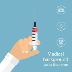 syringe in doctor hand. flat design. vector illustration for web and mobile app. medical background.