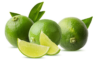 Limes with leaves isolated on white background with clipping path