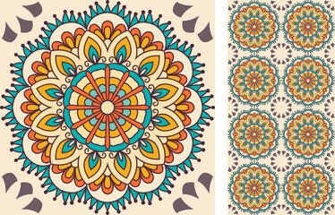 Seamless Azulejo tile. Portuguese and Spain decor. Bright ceramic tile from mandalas. Seamless Floral pattern. Vector hand drawn illustration, typical portuguese and spanish tile