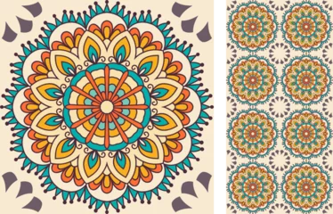 Foto op Canvas Seamless Azulejo tile. Portuguese and Spain decor. Bright ceramic tile from mandalas. Seamless Floral pattern. Vector hand drawn illustration, typical portuguese and spanish tile © nataliiaku