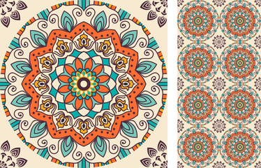 Seamless Azulejo tile. Portuguese and Spain decor. Bright ceramic tile from mandalas. Seamless Floral pattern. Vector hand drawn illustration, typical portuguese and spanish tile - 546092112