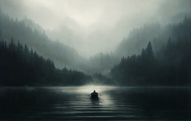 A painting of a lonely boat floating on a dark foggy lake surrounded by forest - 546092508