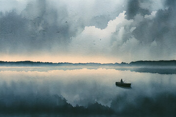 Watercolor painting of a lake with a lonely man in a boat - 546092702
