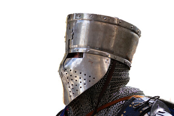 Man wearing a warrior helmet from the Middle Ages