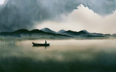 Watercolor painting of a foggy lake with a lonely man in a boat - 546092710