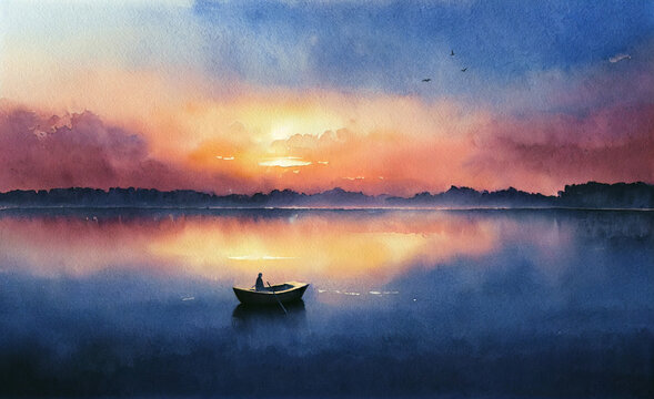 Watercolor painting of a lake in the sunset with a lonely boat