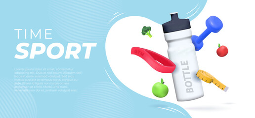 Banner template with Sports 3d elements, a bottle of water, a kettlebell, an elastic band for sports.