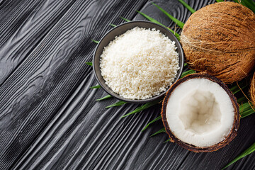 fresh natural coconut and shavings dried flakes on black wooden background