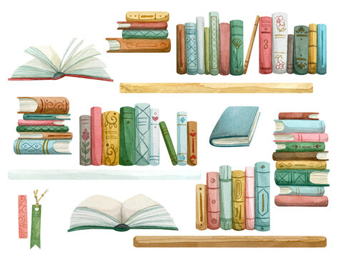 Stacks of books, bookshelves and open books are painted in watercolor.