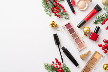 Christmas shopping concept. Top view photo of decorative cosmetics lip gloss nail polish mascara eyeshadow palettes golden baubles pine branches mistletoe on isolated white background with copyspace - obrazy, fototapety, plakaty