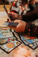 1.11.2022 Russia,Stavropol.tarot card reading at Christmas. Yuletide, a tradition. tarot layout. High quality photo