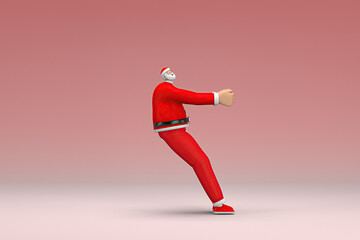 Fototapeta na wymiar A man wearing Santa Claus costume. He is pulling or pushing something. 3d rendering of cartoon character in acting.