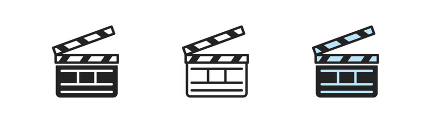 Fototapeta premium Clapperboard outline icon on light background. Cinema cut, movie clapper symbol. Equipment for film. Flat vintage design.