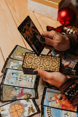 1.11.2022 Russia,Stavropol.tarot card reading at Christmas. Yuletide, a tradition. tarot layout. High quality photo