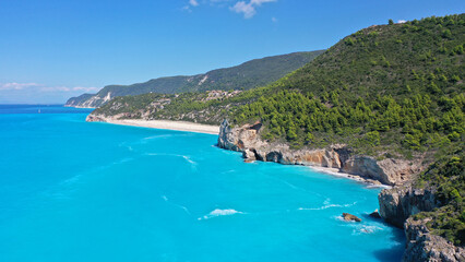 Fototapeta premium Aerial drone photo of famous paradise bay and beach of Kathisma with deep turquoise sea in island of Lefkada, Ionian, Greece