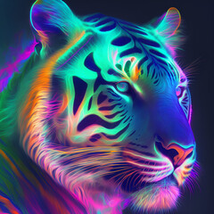 beautiful tiger with rainbow color, oil painting style, with beautiful eyes