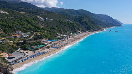 Fototapeta na wymiar Aerial drone photo of famous paradise bay and beach of Kathisma with deep turquoise sea in island of Lefkada, Ionian, Greece