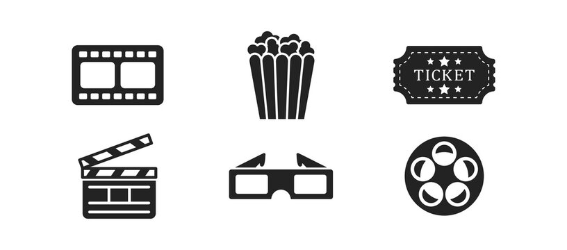 Watching Movie Icon Set On White Background. Weekend, Leisure Concept. Retro Style Ticket, Moviestrip. Media Entertainment Symbol. Isolated Black Pictogram Design.