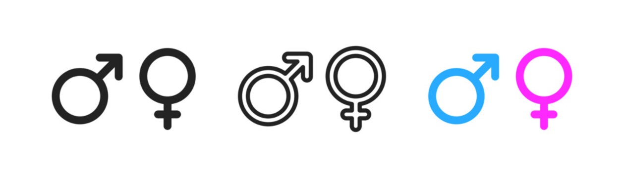 Male female gender outline icon in blue and pink colors on white background. Gender equality concept. WC, washroom symbol. Simple flat design.