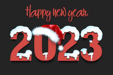 Fototapeta na wymiar Happy new year. Snowy numbers 2023 with soccer ball in a Christmas hat. Original template design for greeting card, banner, poster. Vector illustration on isolated background