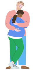 Pregnant couple white man and black woman. Family mixed marriage by nationality. Lovers' hugs. Flat vector illustration. Eps10