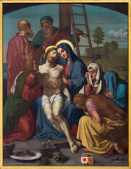 Obraz na płótnie Canvas LUZERN, SWITZERLAND - JUNY 24, 2022: The painting of Deposition (Pieta) as part of Cross way stations in the church Franziskanerkirche from 19. cent.
