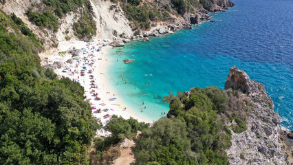Fototapeta na wymiar Aerial drone photo of famous paradise beach of Agiofili in island of Lefkada, Ionian, Greece