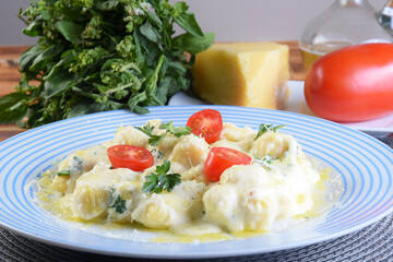 delicious gnocchi pasta in white sauce with parmesan cheese, tomato, basil, herbs, healthy food from Italian and French cuisine