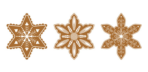 Gingerbread snowflakes with icing decoration. Vector illustration