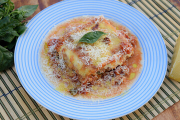 lasagna white and bolognese sauce with parmesan cheese, pasta, tomato, basil, herbs, delicious food from Italian and French cuisine