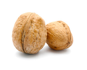 Whole fresh walnuts on white background