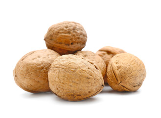 Heap of tasty walnuts on white background